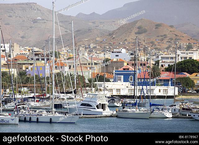 Mindelo harbour bay, Monte Verde in the background, Sao Vicente, Cape Verde, Africa