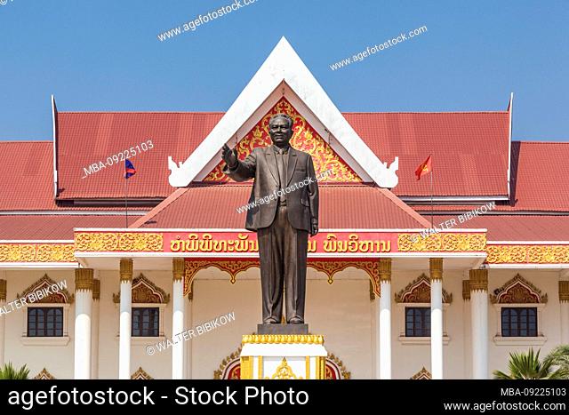 Laos, Vientiane, Kaysone Phomivan Museum, building exterior and statue of Kaysone Phomivan, former Lao Communist leader