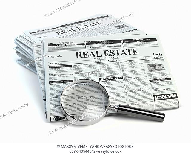 Real estate classifieds ads newspaper and magnifying glass isolated on white. 3d illustration