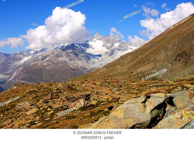 Alpine Landschaft bei Zermatt mit Oberes Gabelhorn und Wellkuppe im Hintergrund, Zermatt, Wallis, Schweiz / Alpine landscape near Zermatt, Mt