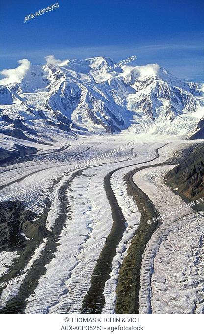 Kennicott Glacier and Mt. Blackburn, Wrangell-St. Elias National Park, Alaska. Moraine ridges show glacier's melt pattern