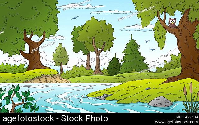 Cartoon summer landscape with trees, meadow and an owl