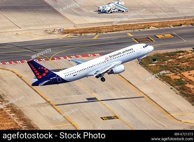 A Brussels Airlines Airbus A320 with the registration OO-TCH takes off from Palma de Majorca Airport, Spain, Europe