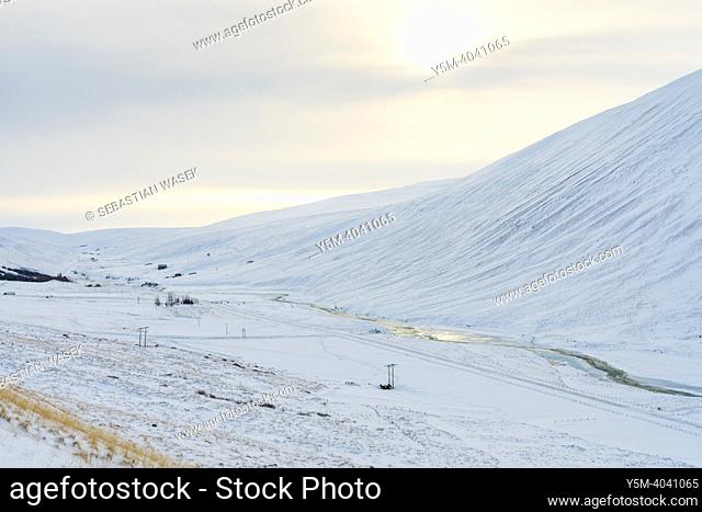 Winter Icelandic Road Trip, Ring Road near Bolstadhsrhlidh, Northwestern Region. Iceland, Europe