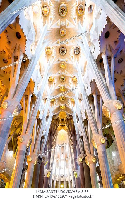 Spain, Catalonia, Barcelona, Eixample, the Sagrada Familia Basilica of the architect Antoni Gaudi, whose work began in 1882, vault of the central nave