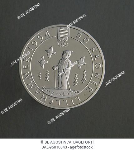 50 kroner silver coin commemorating the 1994 Winter Olympic Games in Lillehammer, issued in 1991, reverse depicting children skiing