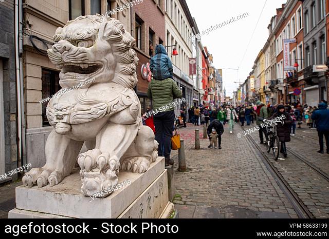 A traditional Chinese lion statue at the entrance to the Van Wesenbekestraat is seen during the Chinese Lunar New Year celebrations in Antwerp