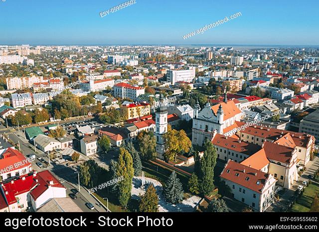Pinsk, Brest Region, Belarus. Pinsk Cityscape Skyline In Autumn Morning. Bird's-eye View Of Cathedral Of Name Of The Blessed Virgin Mary And Monastery Of The...
