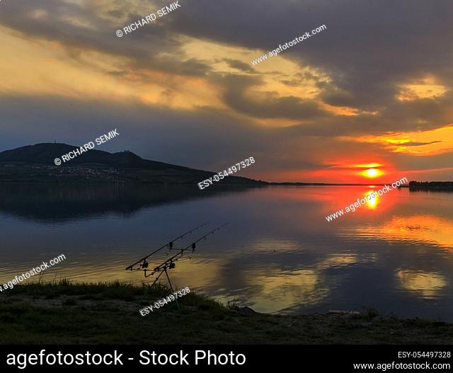Sunset over Nove Mlyny lake in Palava region, Southern Moravia, Czech Republic