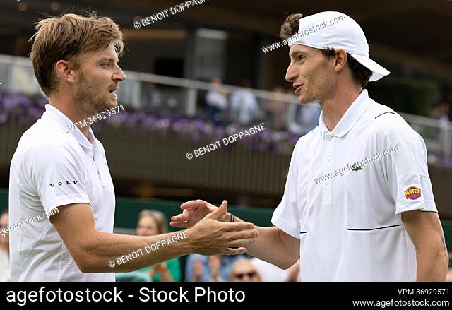 Belgian David Goffin, is congratulated by and French Ugo Humbert at the end of a third round game in the men's singles tournament between Belgian Goffin and...