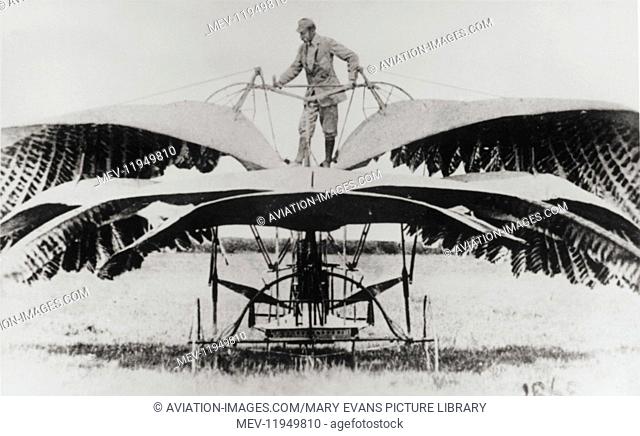 Mr Edward Purkis with a Frost Ornithopter in 1877