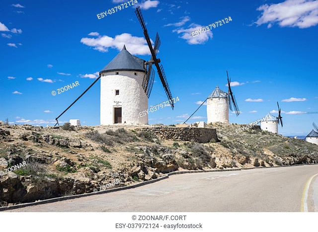 cereal mills mythical Castile in Spain, Don Quixote, Castilian landscape with very old architecture