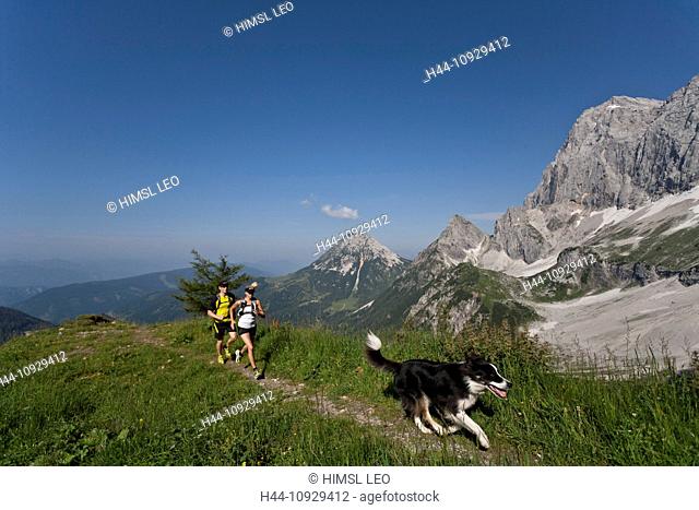 Trailrunning, Trail running, Trail, Ramsau, Dachstein, Styria, Austria, couple, woman, man, meadow, running, walking, run, jogging, sport, fitness, health, dog