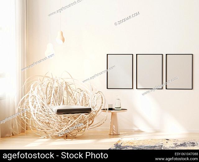 Blank frame mock up in modern interior background, light beige living room with stylish armchair, poster frame mockup, scandinavian style, 3d rendering