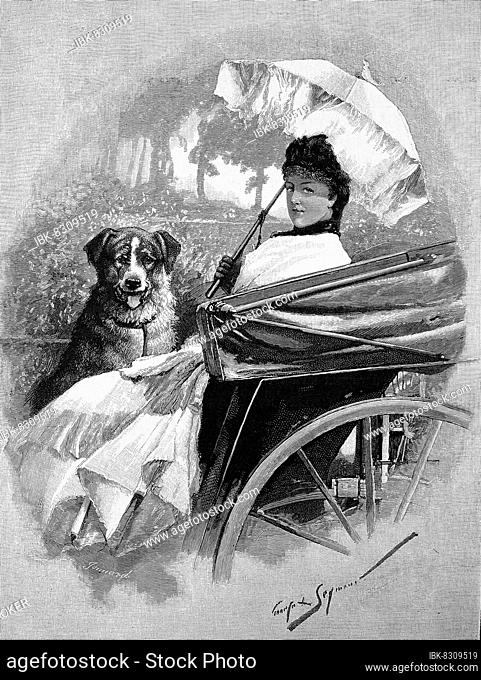 Gentlewoman with her dog and a parasol in a carriage, in Hyde Park in London, in 1870, England, digitally restored reproduction of an original 19th century...