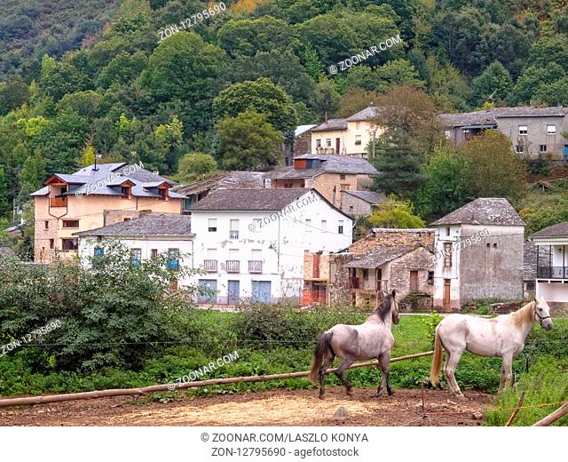Pilgrims can rent horses and ride up to O'Cebreiro - Las Herrerias, Castile and Leon, Spain