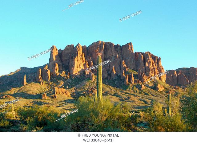 A view of the Superstiton Mountains in Lost Dutchman State Park in Apache Junction Arizona