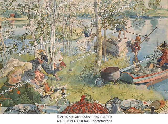 Carl Larsson, Crayfishing, From A Home (26 watercolors), Crab catch, From Home (26 watercolors), painting, Watercolor on paper, Glazed, Height, 32 cm (12