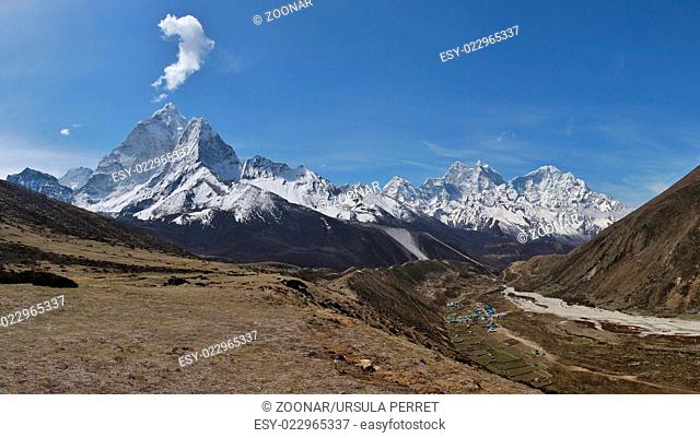 Pheriche and snow capped Ama Dablam