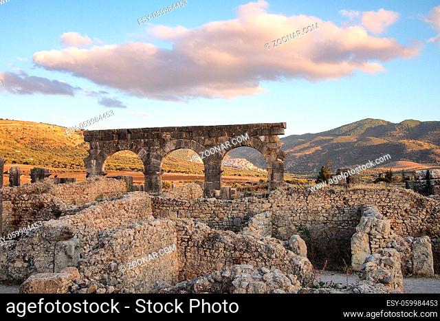 Ruins of the roman basilica of Volubilis, a UNESCO world heritage site near Meknes and Fez, Morocco