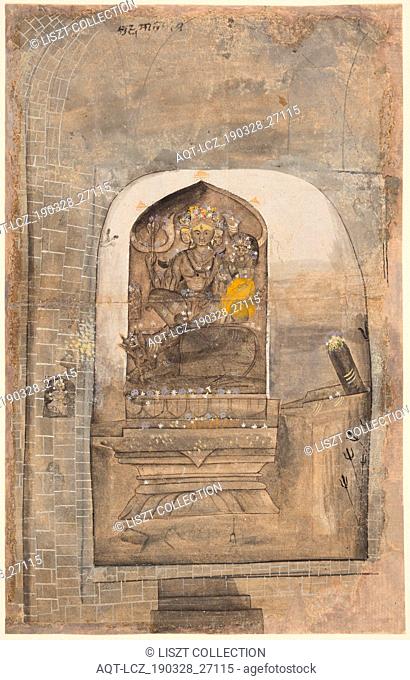 Worship of stone image of Shiva and Parvati within a lingam, c. 1710. Indian, Himachal Pradesh, Chamba region. Color on paper; page: 37.5 x 23