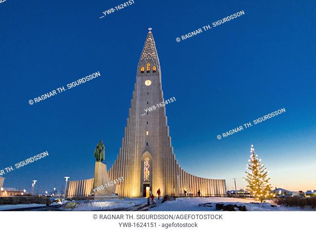 Christmas time, Hallgrimskirkja Church with statue of Leif Eriksson , Reykjavik Iceland