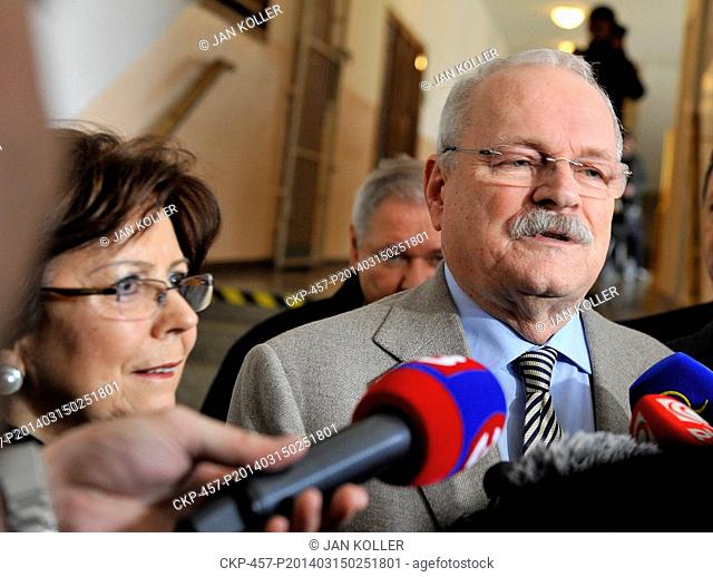 Slovak President Ivan Gasparovic and his wife Silvia Gasparovicova speak to media during the Slovak presidential election in Bratislava, on Saturday, March 15