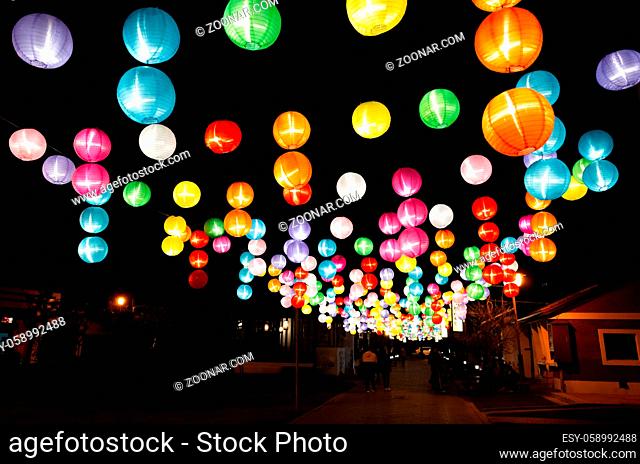 Changhua, Taiwan - Jan 20th, 2020: colorful lanterns hanging up at lukang old street, Changhua, Taiwan