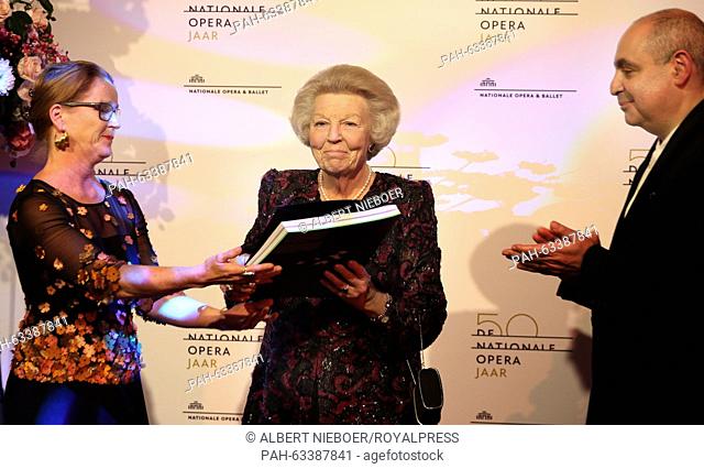 Dutch Princess Beatrix with Pierre Audi and Els van der Plas at the Opera Gala to mark the 50th anniversary of the National Opera and Ballet in Amsterdam...
