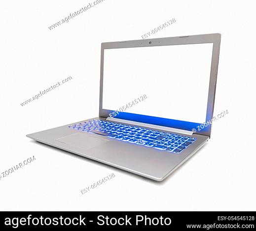 Notebook computer with blue keyboard backlight isolated on white background