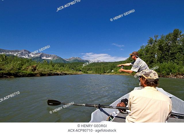 Middle-aged man fly-fishing on Elk River with guide rowing fishing boat, near Fernie, East Kootenays, BC, Canada