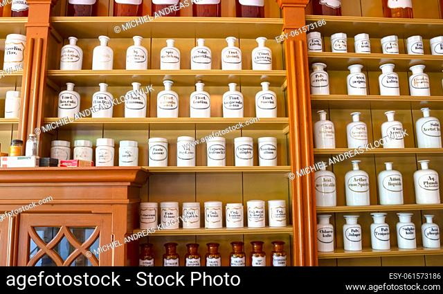 Enkhuizen, the Netherlands - August 7, 2022: Vintage pharmacist bottles