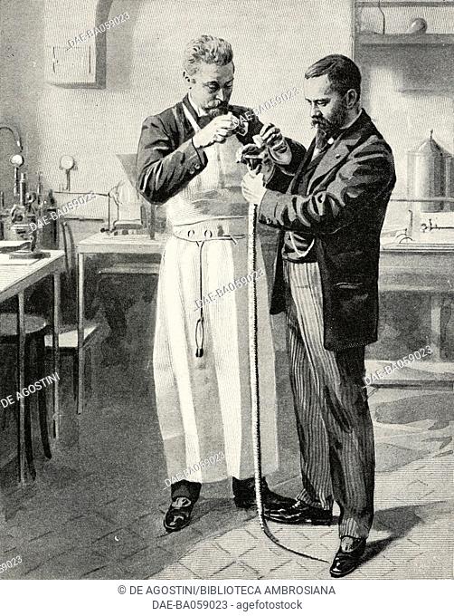 Dr Calmette feeding an egg to a snake, preparation of an antivenom serum at the Pasteur Institute, Lille, France, illustration from L'Illustration, No 3062