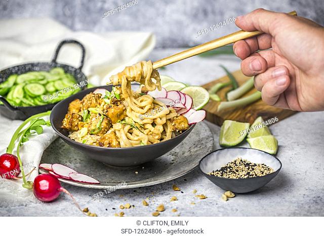 Tofu and Noodles with Peanut Sauce and Cucumbers with Chopsticks