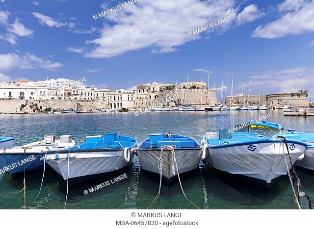 Fishing boats in the harbour with view at the Old Town with fort, Gallipoli, province of Lecce, Salento peninsula, Apulia, Italy