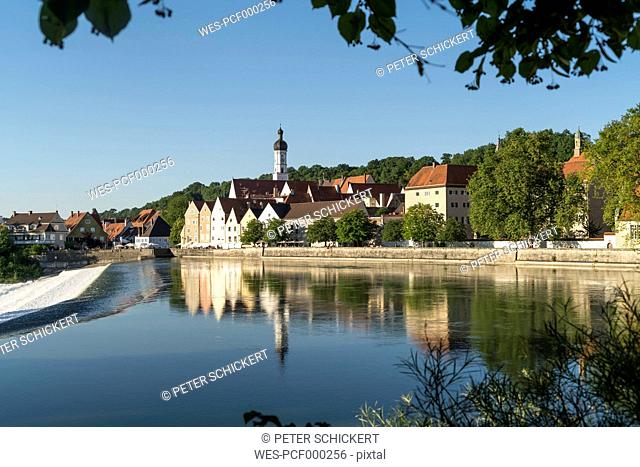 Germany, Bavaria, Upper Bavaria, historic centre of Landsberg am Lech reflected in the river Lech