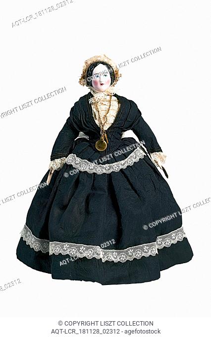 mw. Andres-Van Embden, Dollhouse doll, painted porcelain face with pink complexion, wooden arms, fabric body and legs, dressed in black dress with white lace...