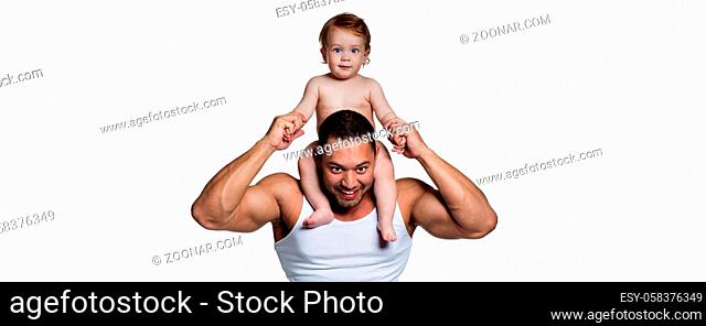Panoramic photo loving strong muscular mixed race dad holding his little adorable cute daughter on shoulders isolated on white studio background