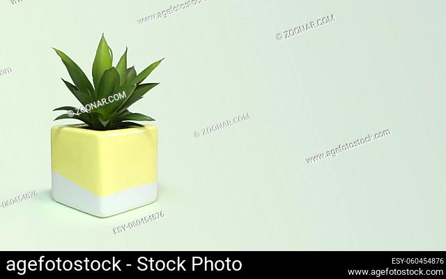 Horizontal photo of a modern yellow and white square pot with fake plastic plant against light green background. With copy space available