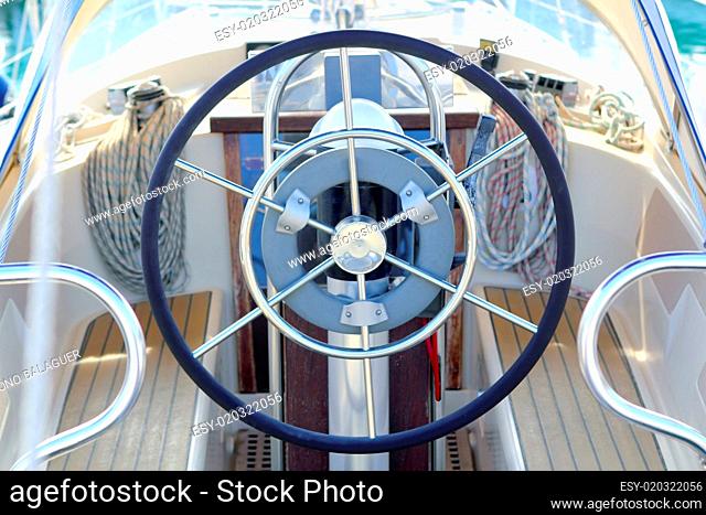 boat rudder wheel white sailboat detail