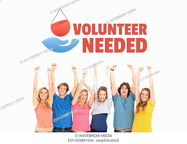 Group of people with volunteer needed text and a blood donation graphic