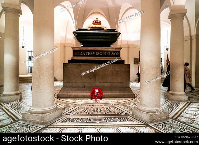 London, England - May 12, 2019: Tomb of British Admiral Horatio Nelson 1758 1805 in the crypt of St Paul's Cathedral