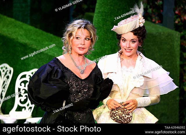 RUSSIA, MOSCOW - OCTOBER 26, 2023: Actors Tatyana Vedeneyeva (L) as Donna Lucia and Yekaterina Olkina as Ela Delahay perform during the premiere of Dmitry...