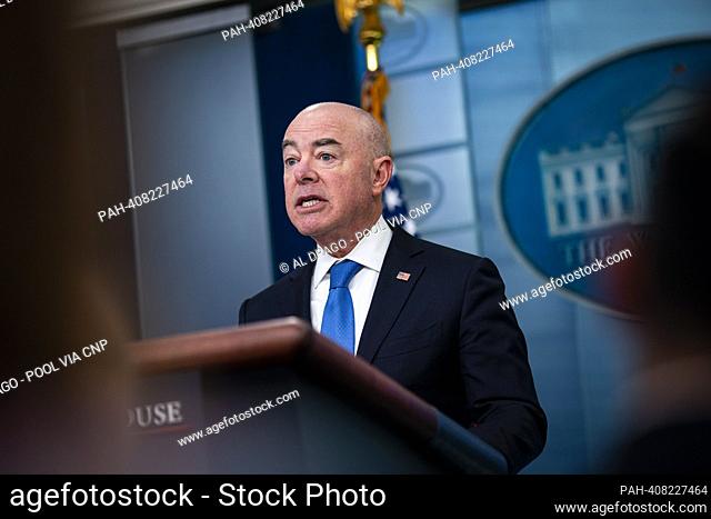 United States Secretary of Homeland Security Alejandro Mayorkas speaks during a news conference in the James S. Brady Press Briefing Room at the White House in...