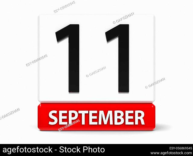 Red and white calendar icon from cubes - The Eleventh of September - on a white table - Patriot Day in USA, three-dimensional rendering, 3D illustration