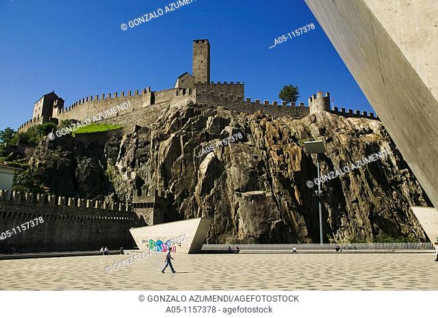 Piazza del Sole showing the Murata and Castelgrande hill and Castle. Bellinzona.Ticino. Switzerland