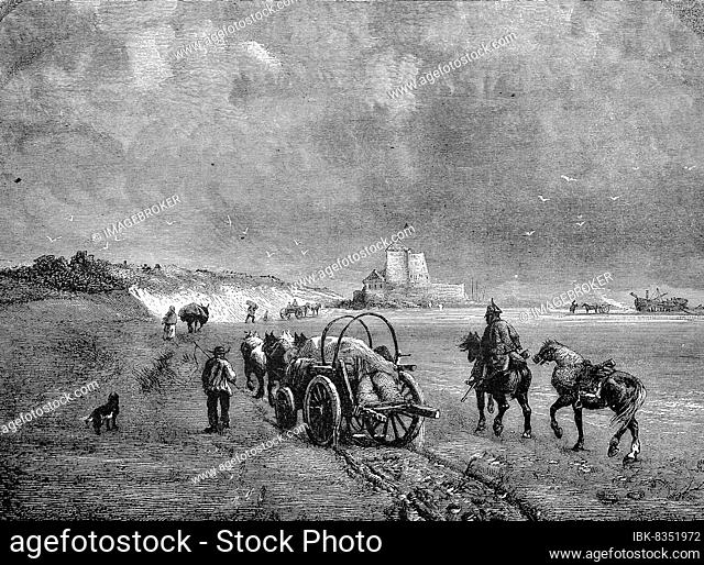 Salvage of parts of a shipwreck by the inhabitants of the coast, accompanied by the beach bird on horseback, England in 1878