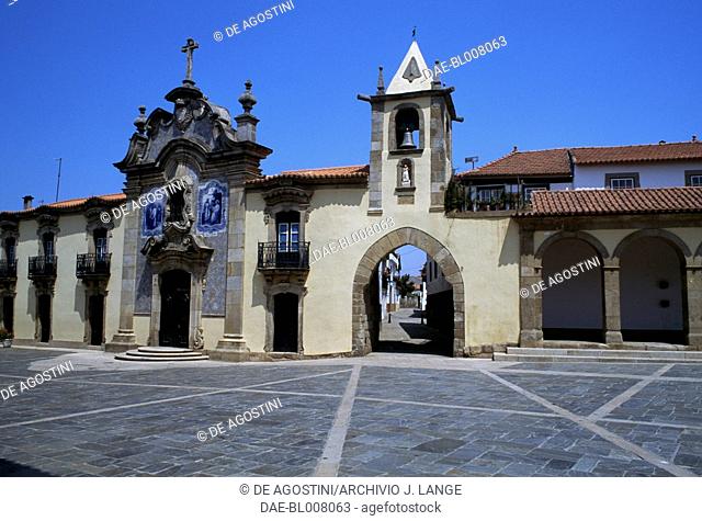 View of the main square of Sao Joao da Pesqueira with the church, Historical Province of Tras-os-Montes, North. Portugal, 14th-17th century
