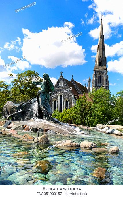 St. Alban Church and Gefion Fountain located in port in Nordre Toldbod area next to Kastellet, Copenhagen, Denmark