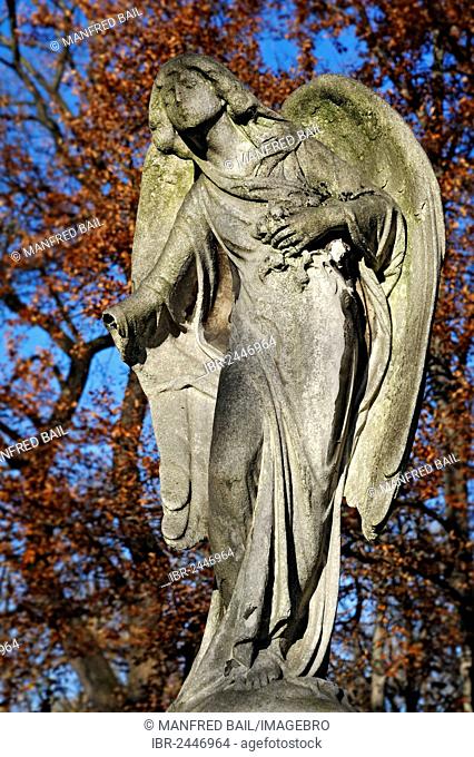 Weathered angel statue on the Ostfriedhof or East Cemetery, Munich, Bavaria, Germany, Europe